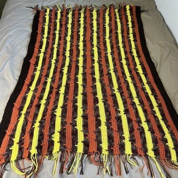 Handmade Other - 70s Vintage Diamond Crochet Knitted Afghan Blanket Brown Orange Yellow Retro